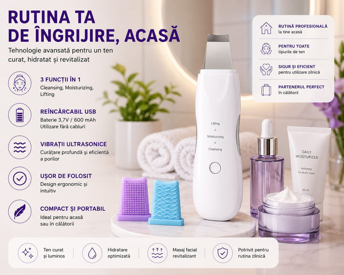 Spatulă Ultrasonică pentru Curățare Facială, Sonic Skin Scrubber, 3 Funcții, Cleansing, Moisturizing, Lifting, Reîncărcare USB, 600 mAh