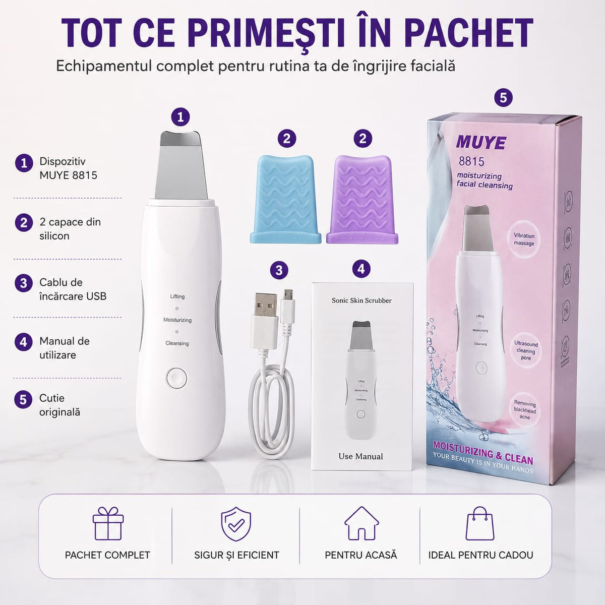 Spatulă Ultrasonică pentru Curățare Facială, Sonic Skin Scrubber, 3 Funcții, Cleansing, Moisturizing, Lifting, Reîncărcare USB, 600 mAh