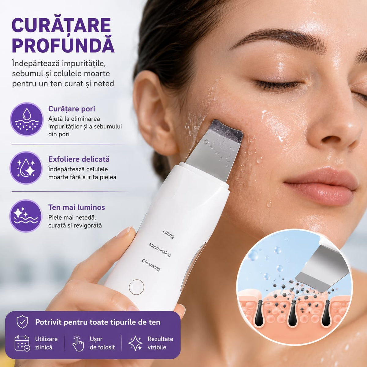 Spatulă Ultrasonică pentru Curățare Facială, Sonic Skin Scrubber, 3 Funcții, Cleansing, Moisturizing, Lifting, Reîncărcare USB, 600 mAh