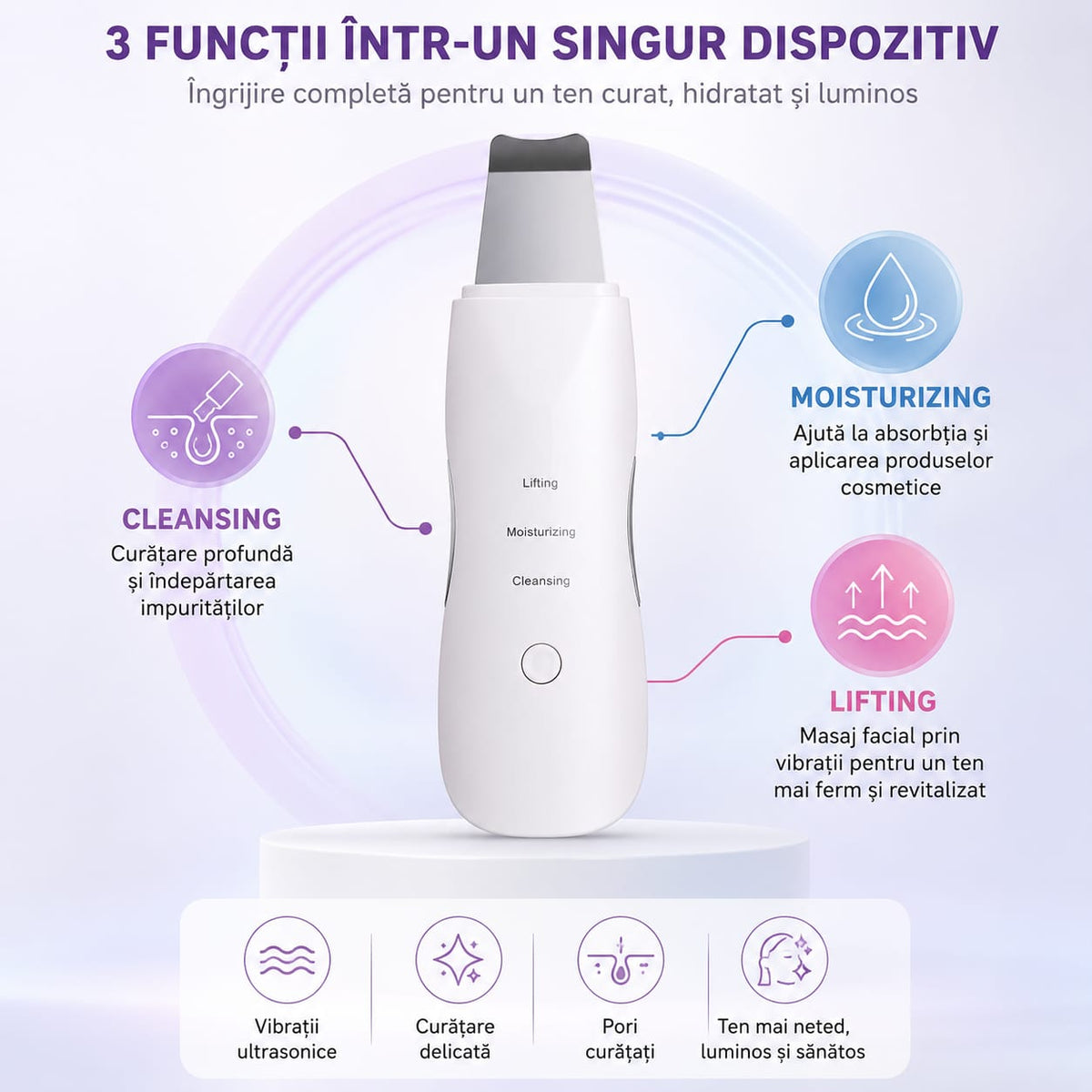 Spatulă Ultrasonică pentru Curățare Facială, Sonic Skin Scrubber, 3 Funcții, Cleansing, Moisturizing, Lifting, Reîncărcare USB, 600 mAh