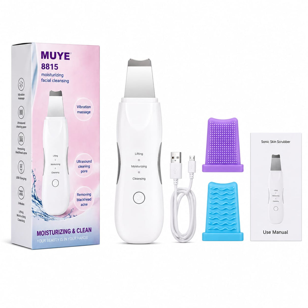 Spatulă Ultrasonică pentru Curățare Facială, Sonic Skin Scrubber, 3 Funcții, Cleansing, Moisturizing, Lifting, Reîncărcare USB, 600 mAh