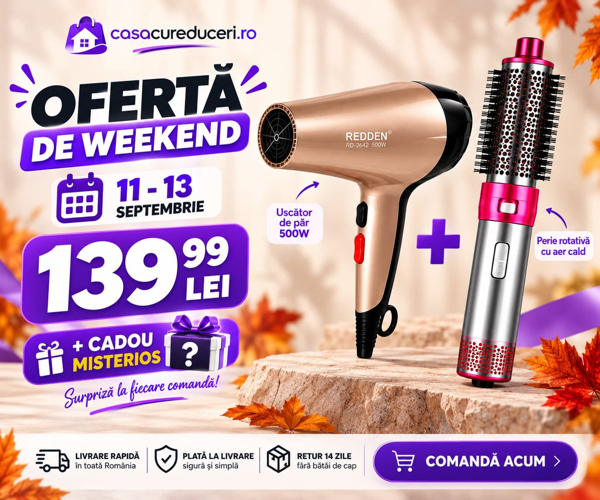 Set REDDEN Uscător de păr 500W + Perie rotativă cu aer cald, 2 trepte viteză și temperatură, Aer rece, Styling, Volum și Bucle, Accesorii incluse