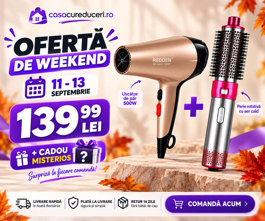 Set REDDEN Uscător de păr 500W + Perie rotativă cu aer cald, 2 trepte viteză și temperatură, Aer rece, Styling, Volum și Bucle, Accesorii incluse