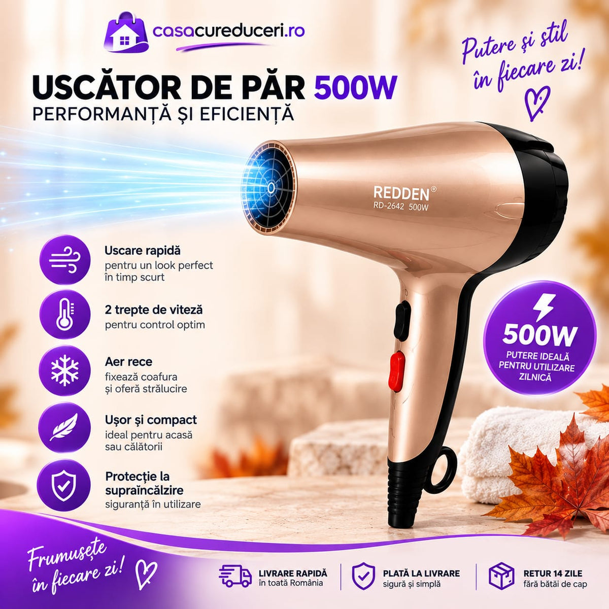 Set REDDEN Uscător de păr 500W + Perie rotativă cu aer cald, 2 trepte viteză și temperatură, Aer rece, Styling, Volum și Bucle, Accesorii incluse