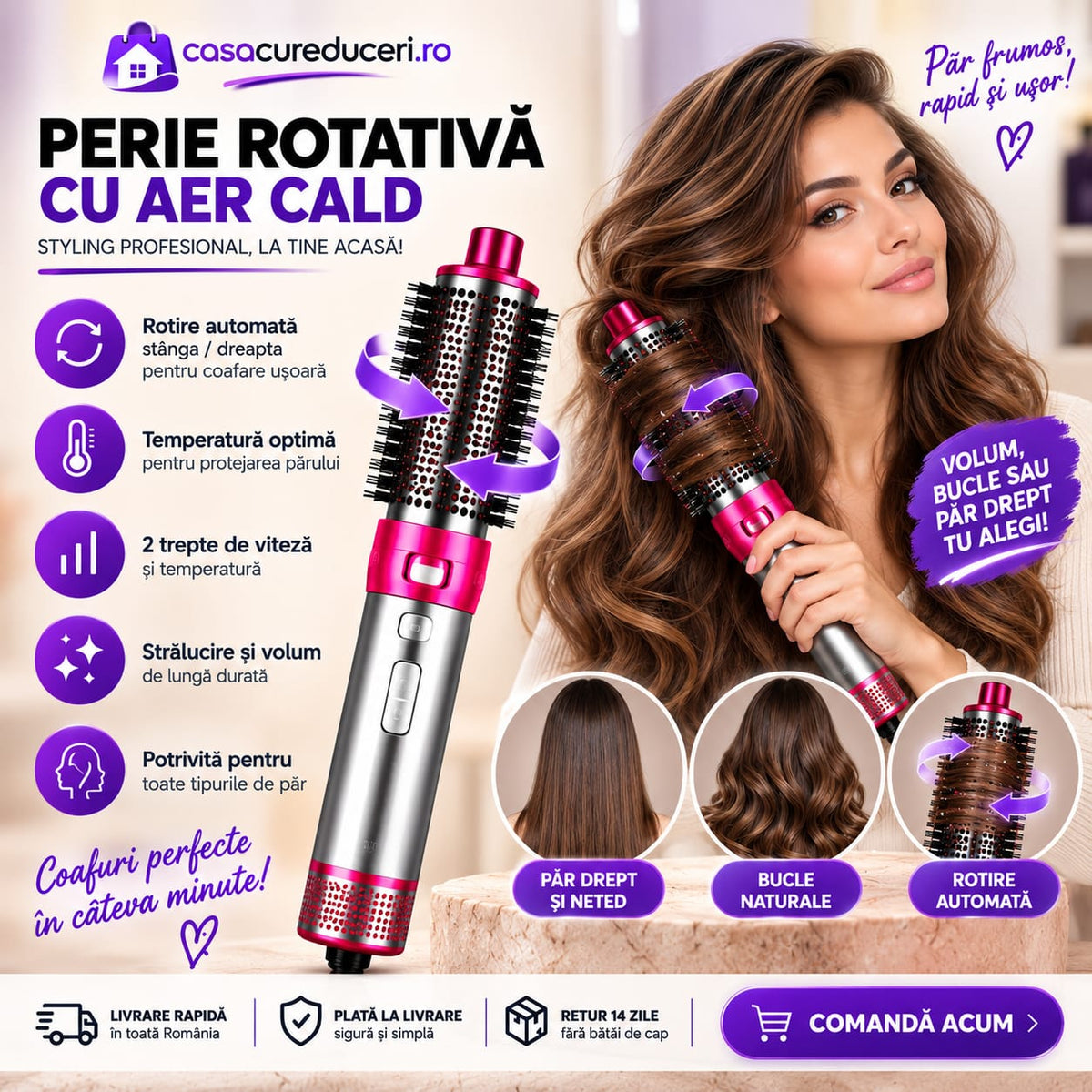 Set REDDEN Uscător de păr 500W + Perie rotativă cu aer cald, 2 trepte viteză și temperatură, Aer rece, Styling, Volum și Bucle, Accesorii incluse