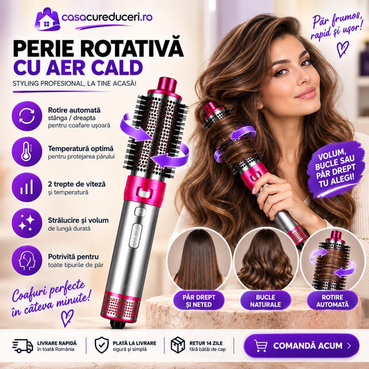 Set REDDEN Uscător de păr 500W + Perie rotativă cu aer cald, 2 trepte viteză și temperatură, Aer rece, Styling, Volum și Bucle, Accesorii incluse