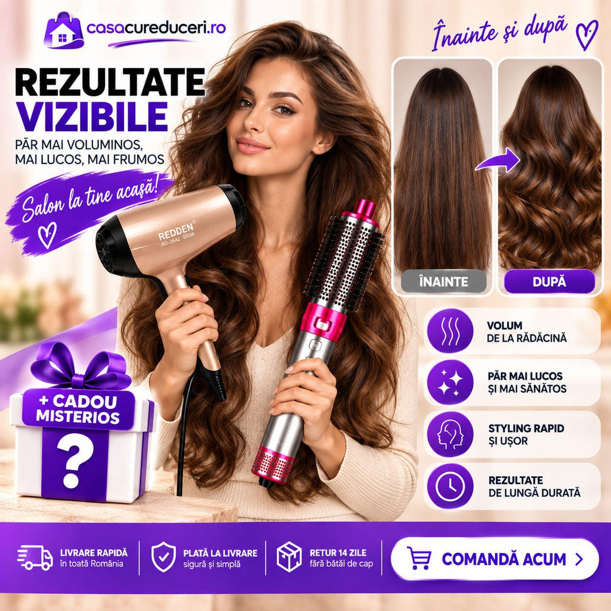 Set REDDEN Uscător de păr 500W + Perie rotativă cu aer cald, 2 trepte viteză și temperatură, Aer rece, Styling, Volum și Bucle, Accesorii incluse