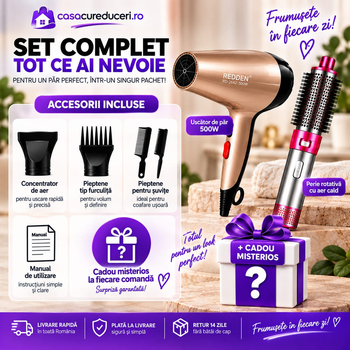 Set REDDEN Uscător de păr 500W + Perie rotativă cu aer cald, 2 trepte viteză și temperatură, Aer rece, Styling, Volum și Bucle, Accesorii incluse