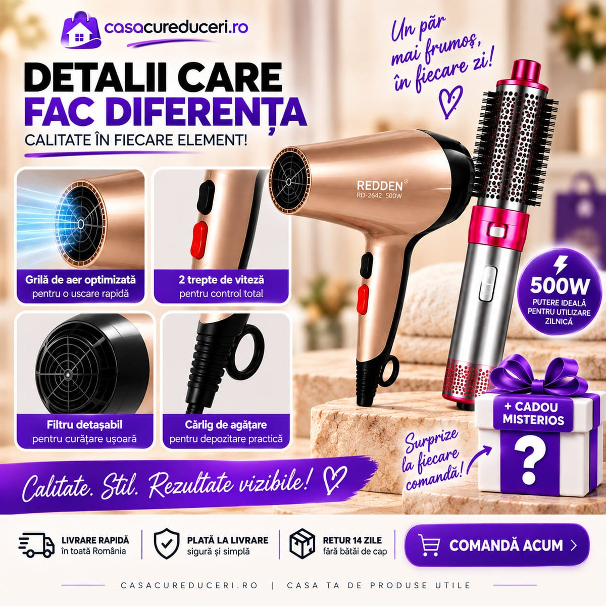 Set REDDEN Uscător de păr 500W + Perie rotativă cu aer cald, 2 trepte viteză și temperatură, Aer rece, Styling, Volum și Bucle, Accesorii incluse