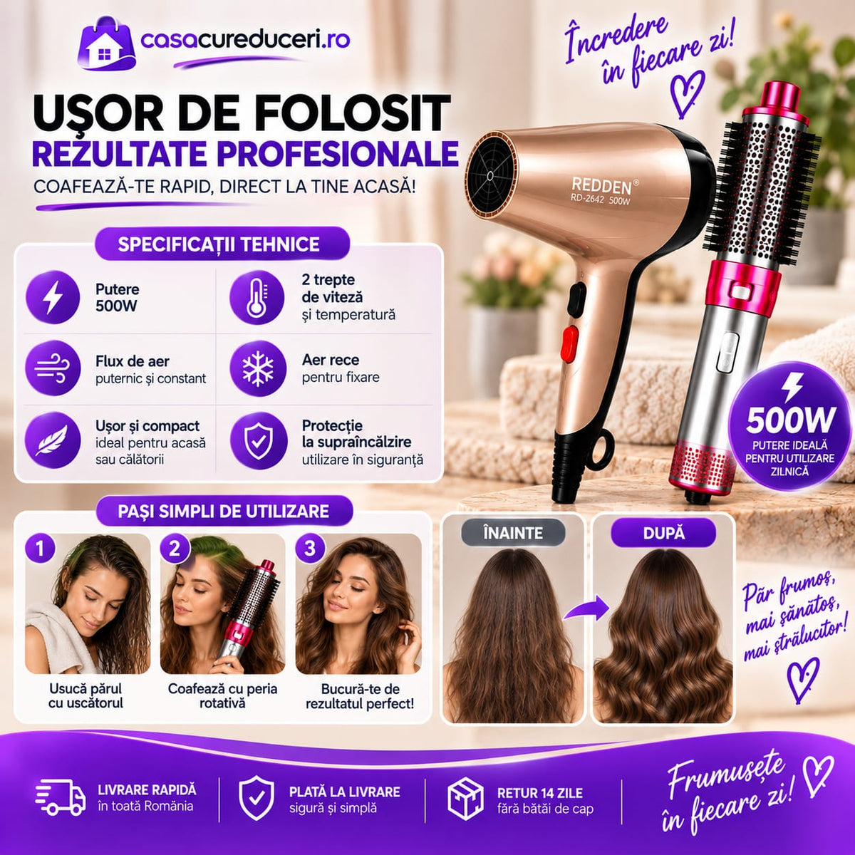 Set REDDEN Uscător de păr 500W + Perie rotativă cu aer cald, 2 trepte viteză și temperatură, Aer rece, Styling, Volum și Bucle, Accesorii incluse