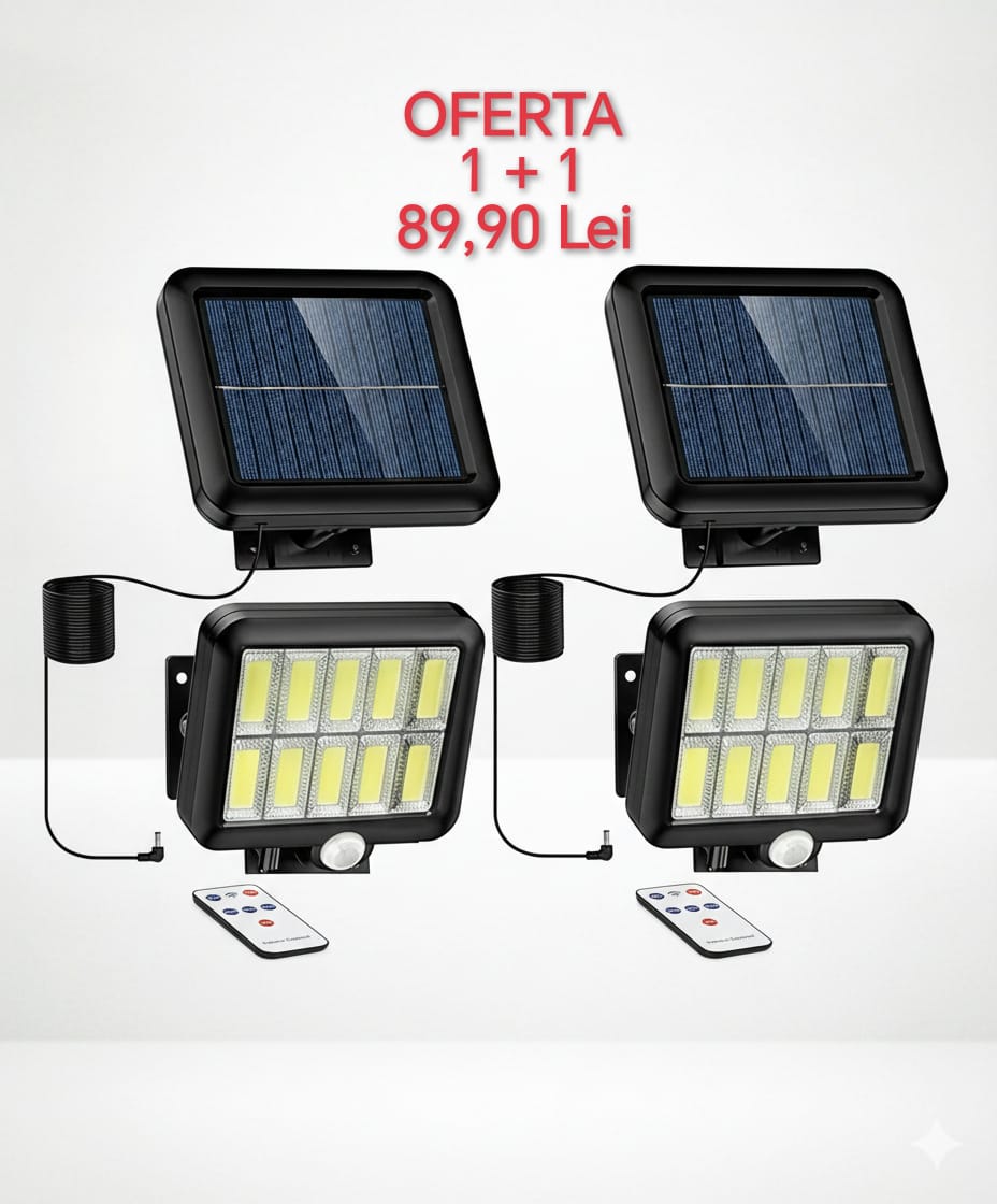 1+1 Lampa solara, LED, telecomanda, senzor de miscare si lumina, 260 LM, rezistenta la apa