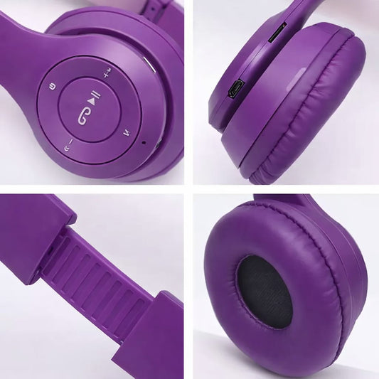 Casti Wireless pentru Copii, Model P47M, Urechi de Pisica cu Iluminare RGB, Bluetooth 5.0, Microfon Incorporat, Slot Card TF, Radio FM, Pliabile