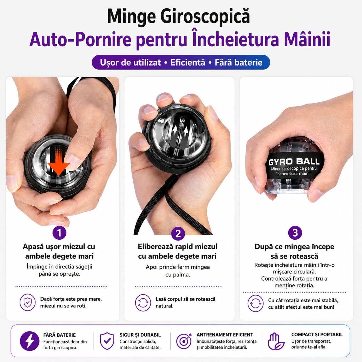 Bilă Giroscopică (Gyro Ball) pentru Antrenarea Încheieturii și Antebrațului – Aparat Fitness pentru Mâini Antistres