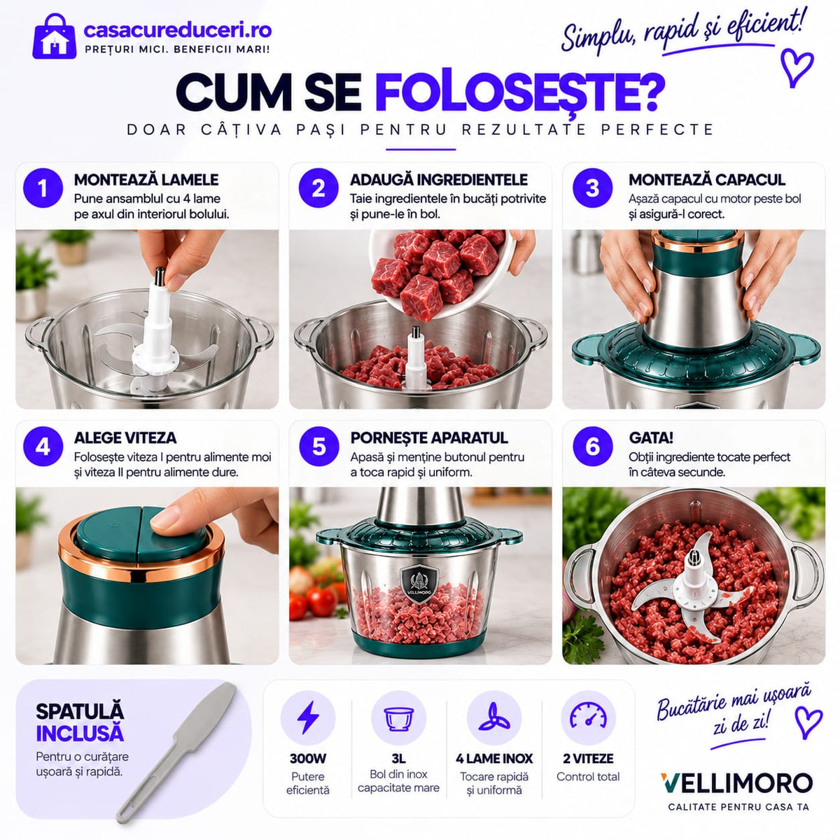 Tocător Electric Multifuncțional 300W, Bol 3L, 4 Lame din Inox, 2 Viteze, Pentru Carne, Legume, Fructe și Alimente