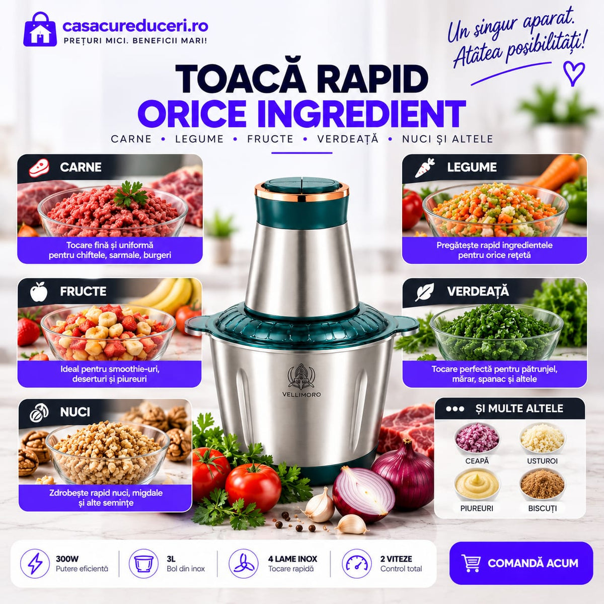 Tocător Electric Multifuncțional 300W, Bol 3L, 4 Lame din Inox, 2 Viteze, Pentru Carne, Legume, Fructe și Alimente