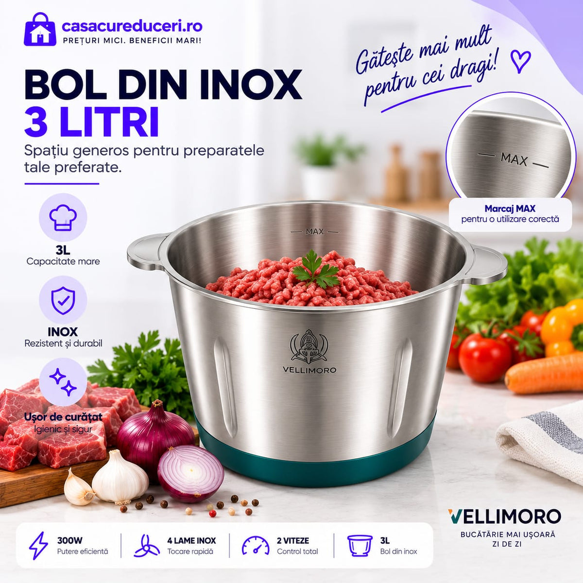 Tocător Electric Multifuncțional 300W, Bol 3L, 4 Lame din Inox, 2 Viteze, Pentru Carne, Legume, Fructe și Alimente