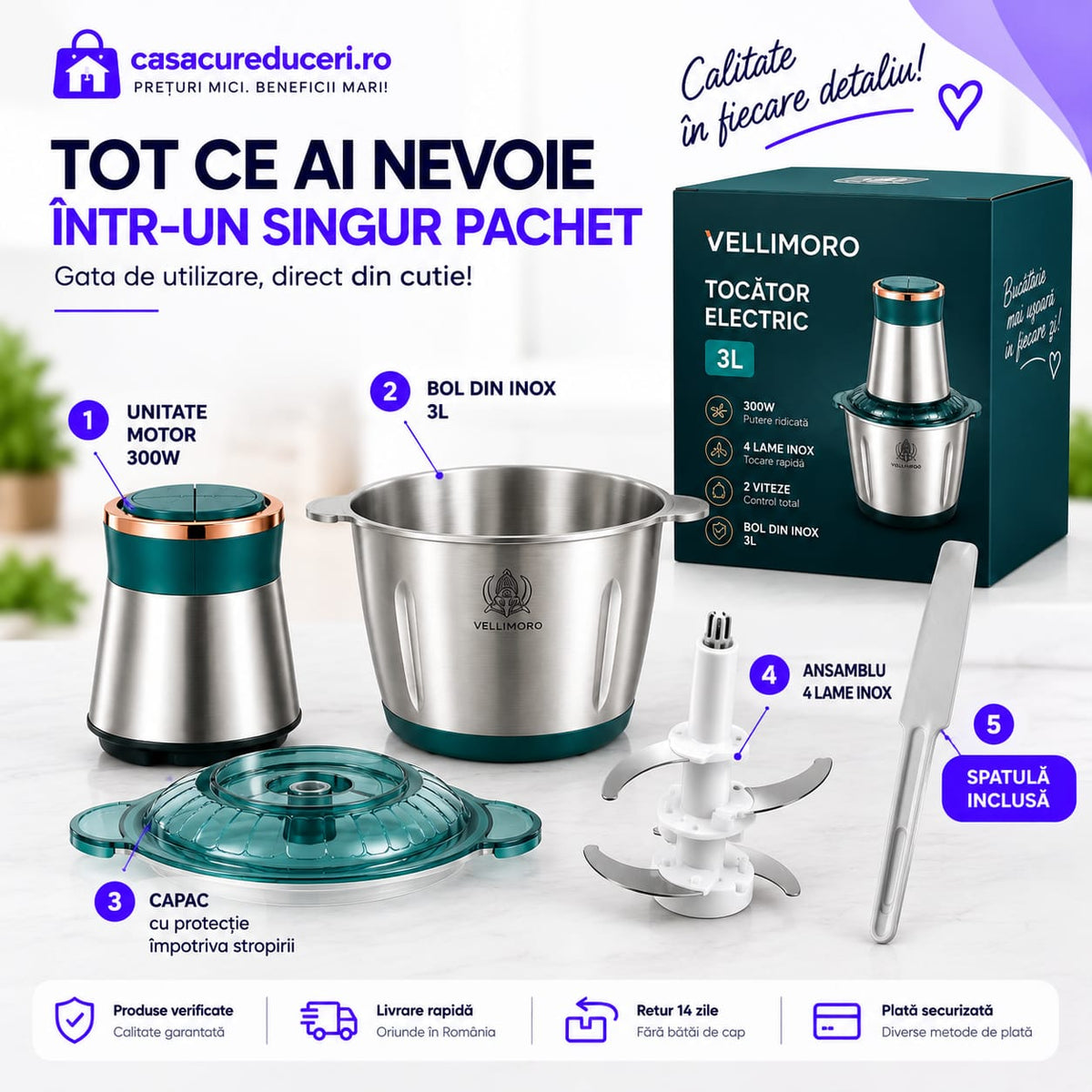 Tocător Electric Multifuncțional 300W, Bol 3L, 4 Lame din Inox, 2 Viteze, Pentru Carne, Legume, Fructe și Alimente