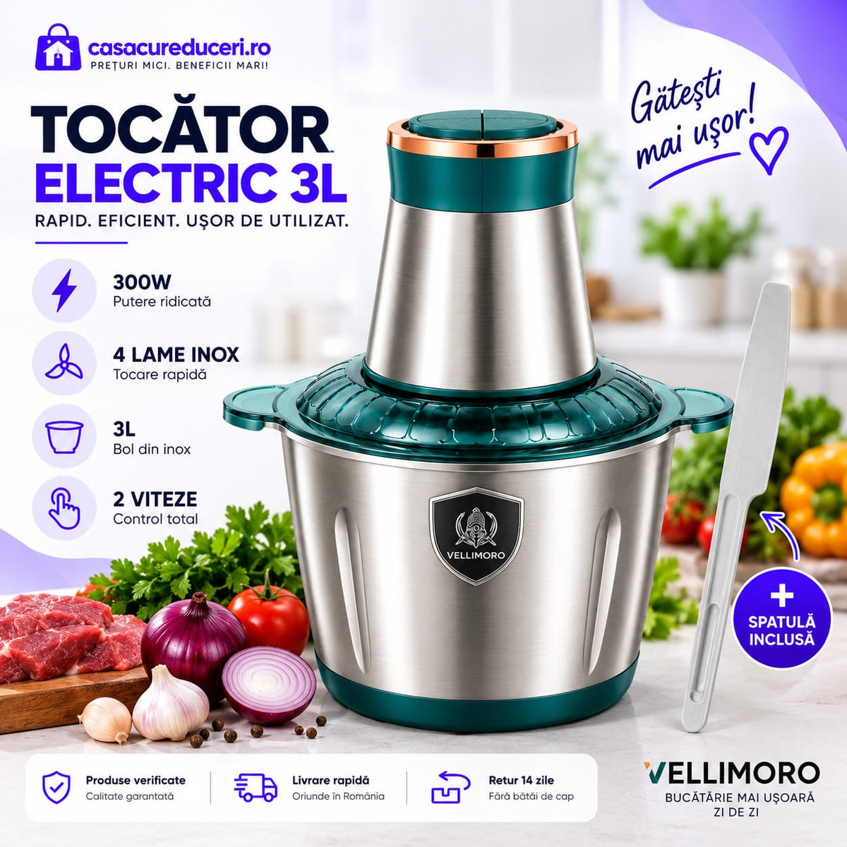 Tocător Electric Multifuncțional 300W, Bol 3L, 4 Lame din Inox, 2 Viteze, Pentru Carne, Legume, Fructe și Alimente