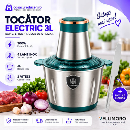 Tocător Electric Multifuncțional 300W, Bol 3L, 4 Lame din Inox, 2 Viteze, Pentru Carne, Legume, Fructe și Alimente