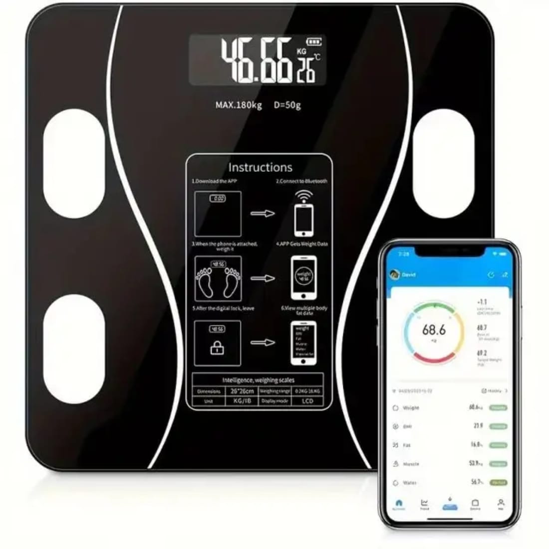 1+1 GRATIS Cantar Inteligent, Conexiune Bluetooth, Afisaj LCD, Masoara Indicii Corporali, Din Sticla Securizata