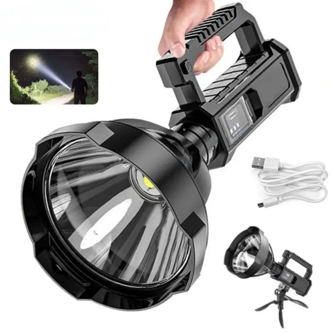 1+1 CADOU Lanterna LED 800 W Reincarcabila cu Powerbank si Trepied - 4 Moduri de Iluminare - 27 x 13 cm + CADOU LANTERNA DE CAP