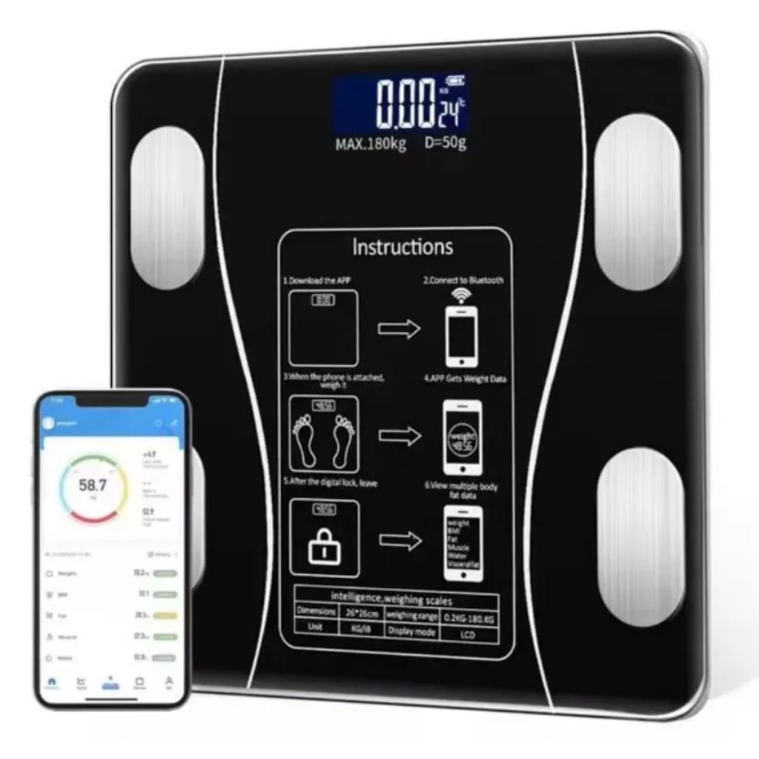 1+1 GRATIS Cantar Inteligent, Conexiune Bluetooth, Afisaj LCD, Masoara Indicii Corporali, Din Sticla Securizata